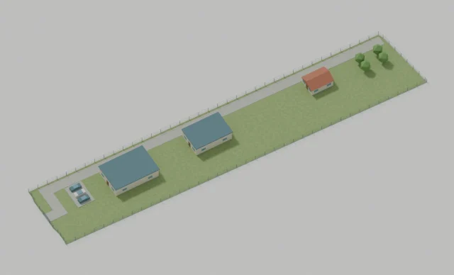 Model of a long commercial plot with road context and space for a workshop and yard