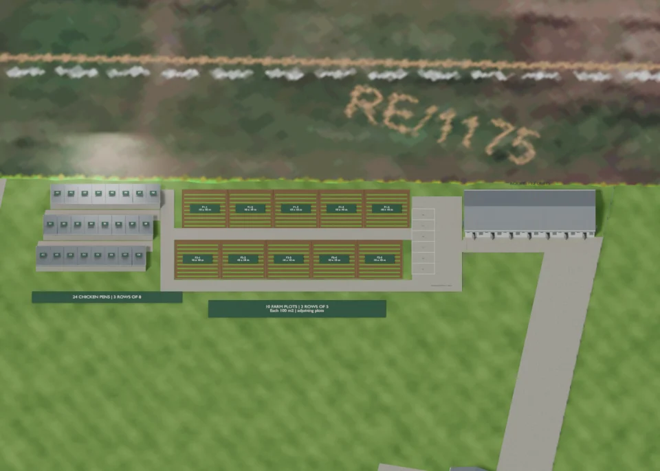 Site model showing chicken pens beside farm plots and the room block