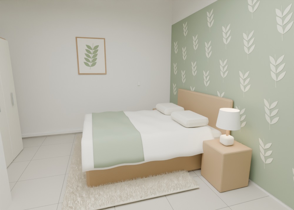 Proposed room decor with botanical wallpaper, framed artwork and a shaggy rug