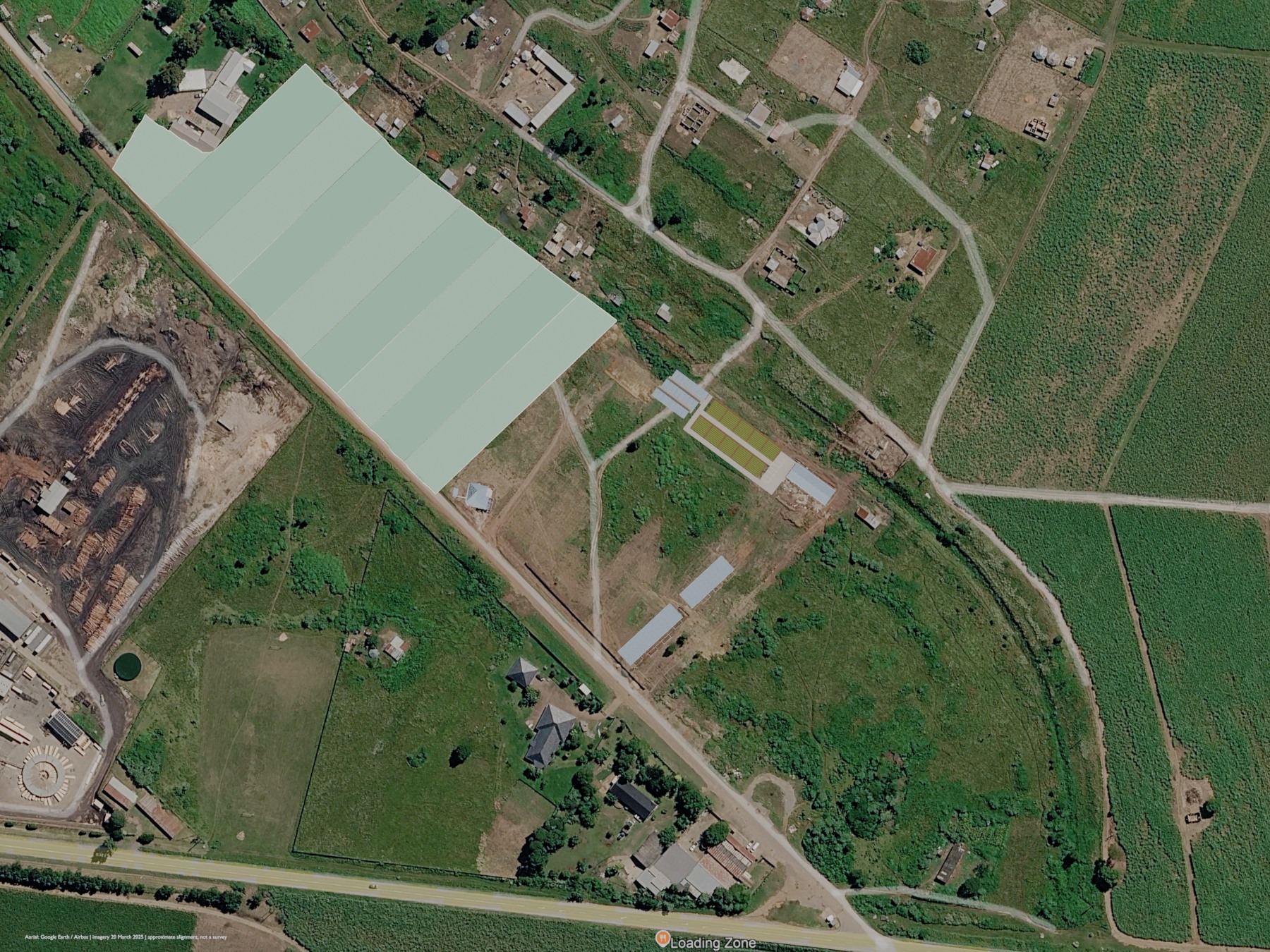 Google Earth aerial reference with nine highlighted business plots and naturally coloured Blender models of the shops, hotel rooms, farm plots, chicken pens and mosque, above the main public road