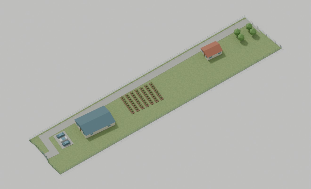Plot 2: Home & small farm concept using the model’s actual 148.3 metre depth and traced boundary