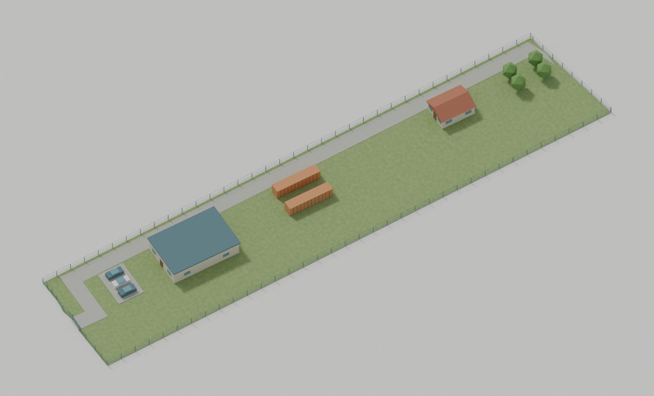 Plot 3: Storage & logistics concept using the model’s actual 142.9 metre depth and traced boundary