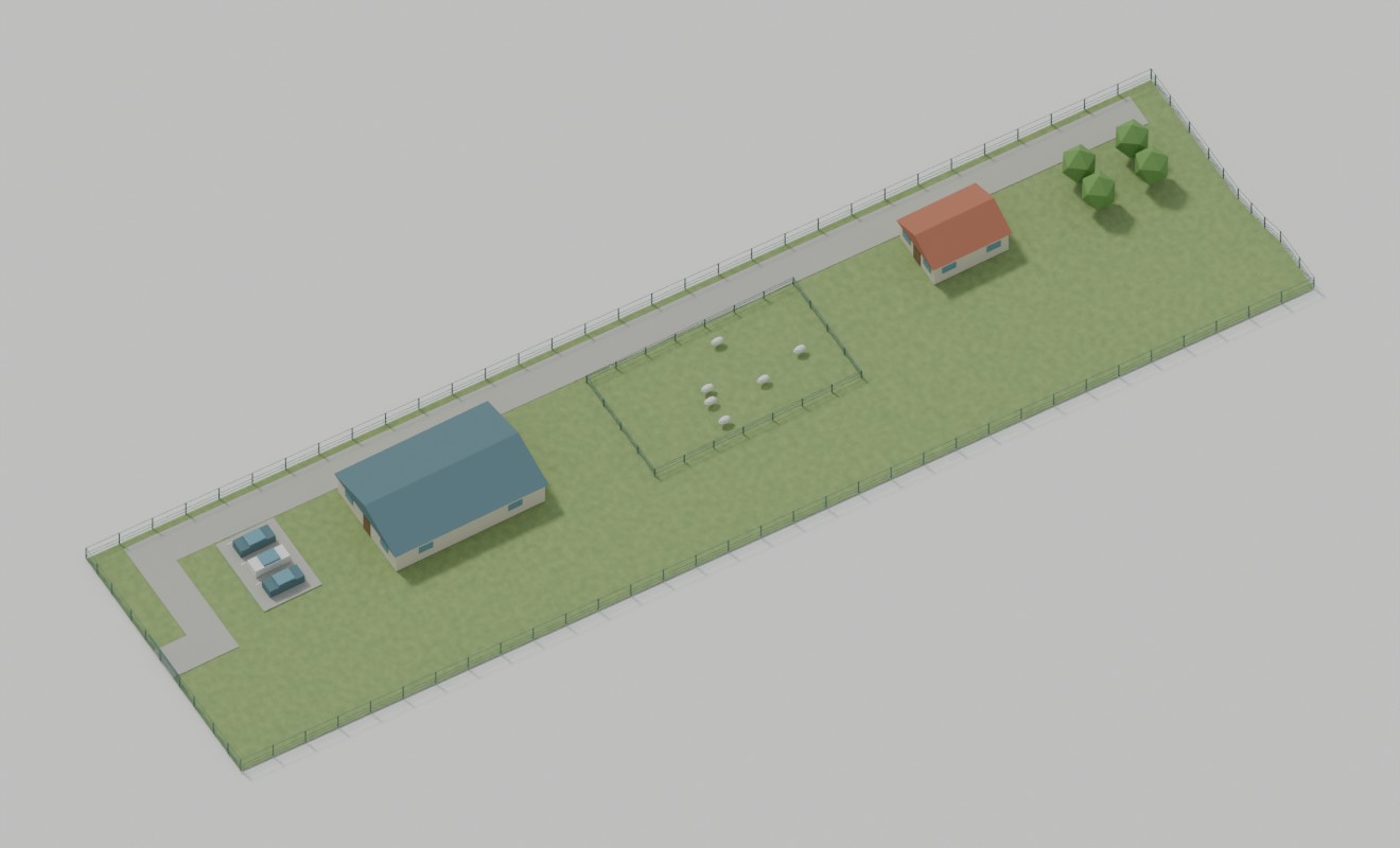 Plot 7: Animals & smallholding concept using the model’s actual 128.1 metre depth and traced boundary