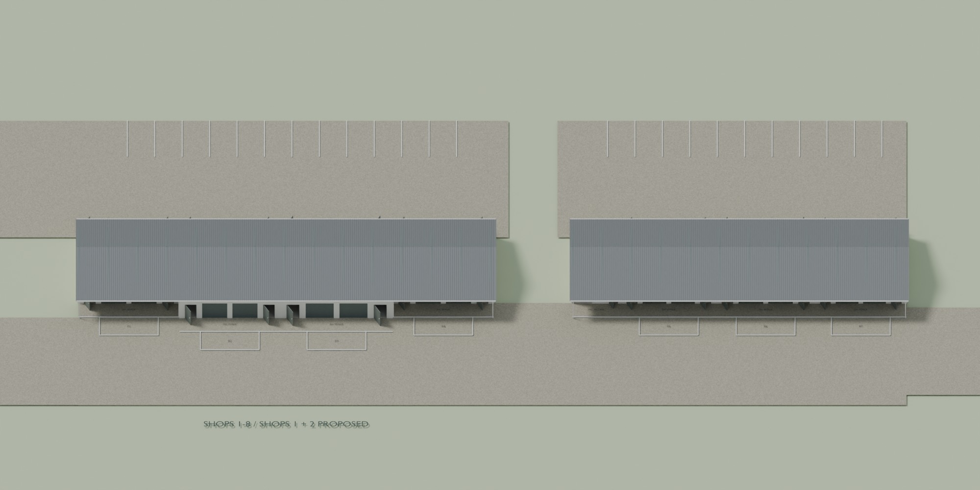 Blender model of the two Thornville shop blocks and their parking layout