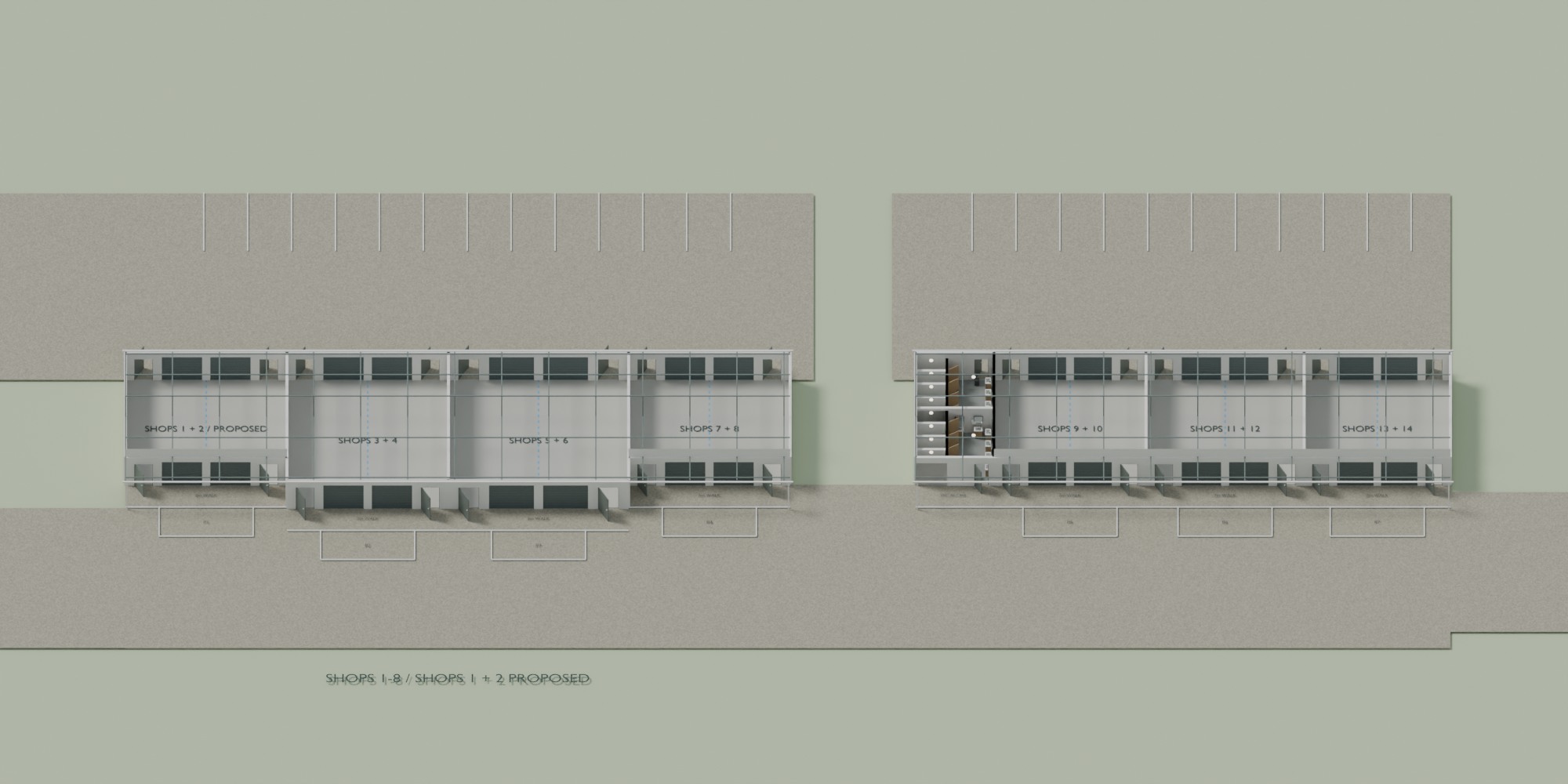 Roofs hidden to reveal fourteen half-shop positions, with pairs sharing an original shop bay